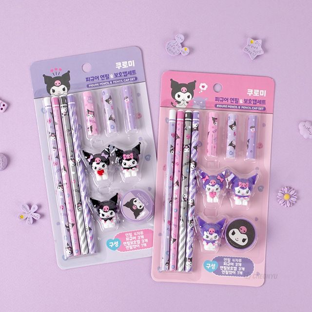 KUROMI Figure Pencil and Pencil Cap and Pencil Sharpener Set