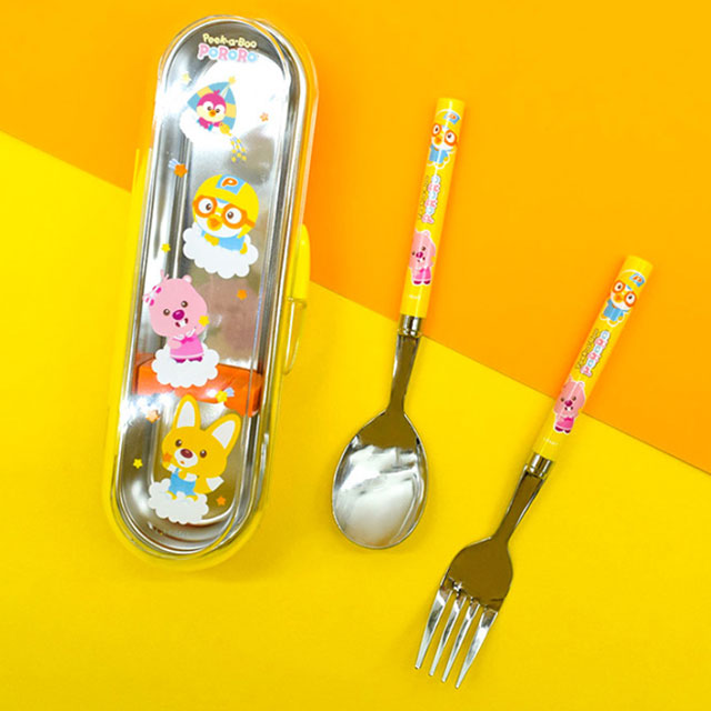 Pororo Peekaboo Durable Stainless Steel Case Spoon & Fork Set