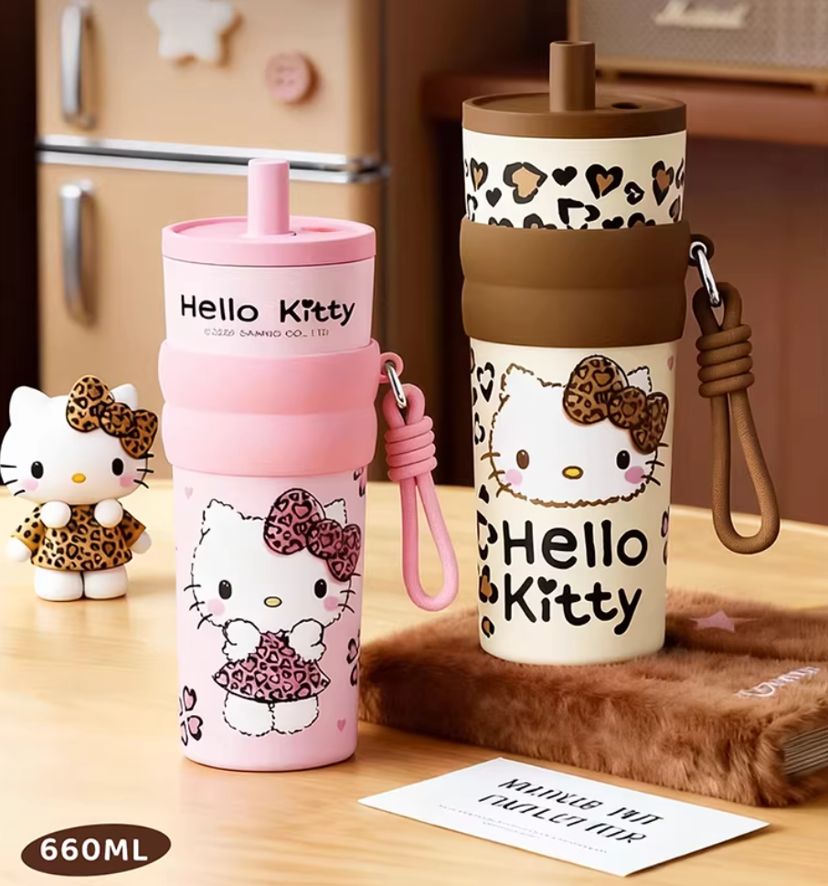 Hello Kitty Premium Large-Capacity Leopard Print Tumbler