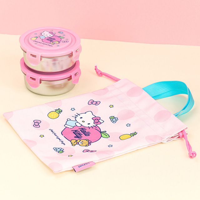 Hello Kitty Circular Locking Stainless Steel 2-Tier Lunch Box & Drawstring Bag Set